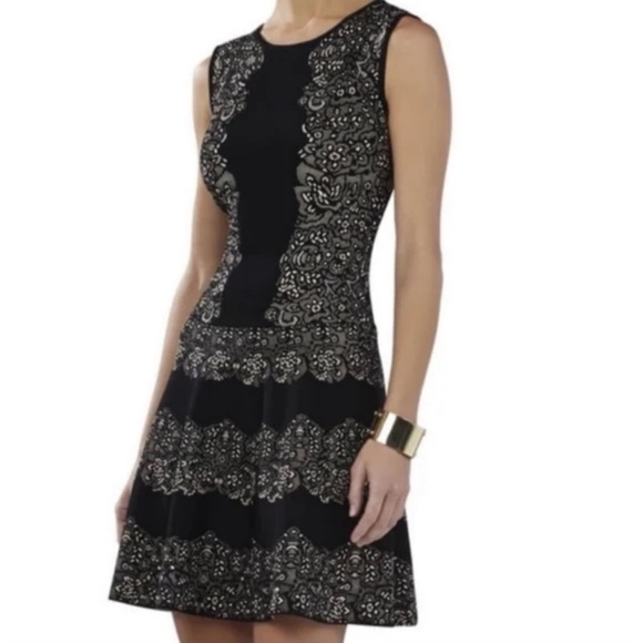 BCBGMAXAZRIA Wilma Black Cream Jacquard Lace Fit and Flare Dress Sleeveless XS - Picture 1 of 11